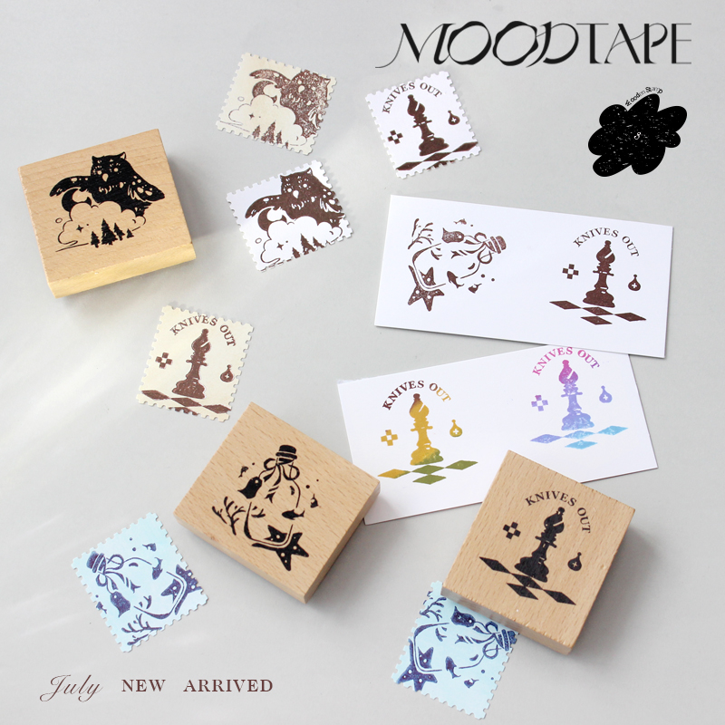 moodtape.橡胶皮章猫头鹰棋瓶子印章文具手账diy素材mood木质