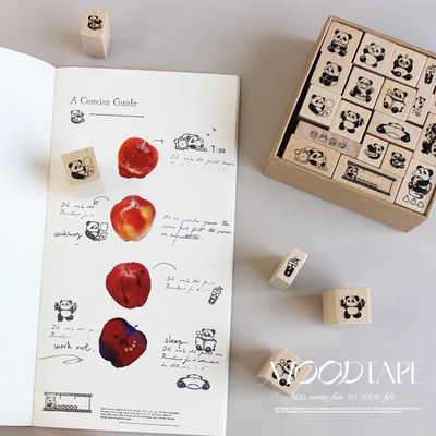 moodtape.熊猫日志原创手帐方盒木质印章橡皮章文字套装mood文具