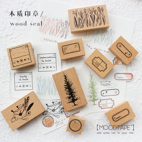 moodtape.橡胶皮木质印章标签树序语音乐播放手帐素材diy装饰mood