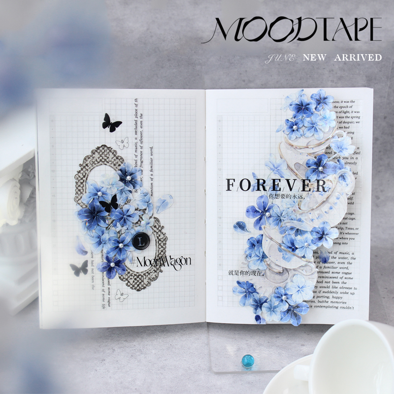 moodtape蓝雪花茶瓷语花朵茶壶手帐胶带pet咕卡文具装饰mood贴纸