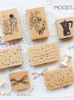 moodtape.咖啡星空星河蝴蝶结木质印章可爱手帐diy橡皮章复古印章