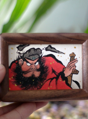 钟馗画像迷你摆件高档胡桃木画框平安符招财纳福100%纯手绘真朱砂