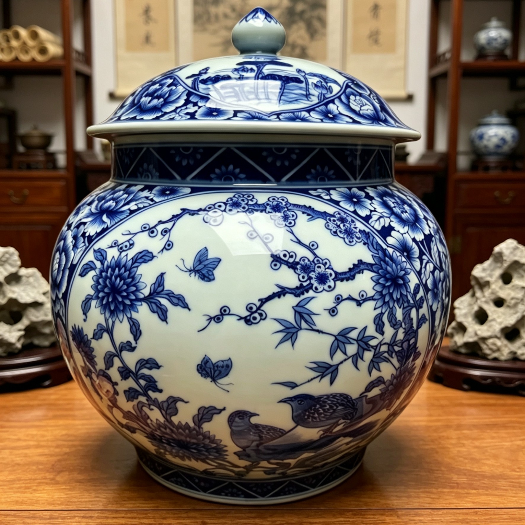 景德镇陶瓷仿古手绘青花双面开窗储物罐家居装饰客厅博古架摆件