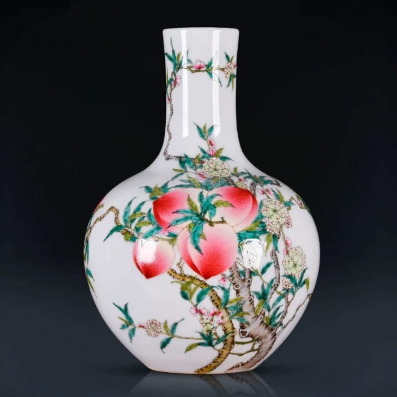 景德镇陶瓷器仿古手绘粉彩九桃五福天球花瓶客厅玄关装饰摆件