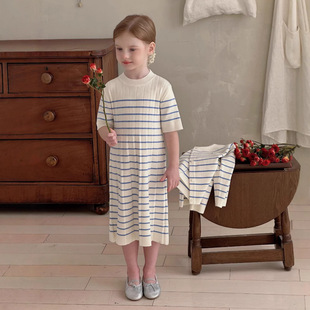 女童条纹连衣裙2025春季新款儿童针织公主裙宝宝中长款短袖裙子