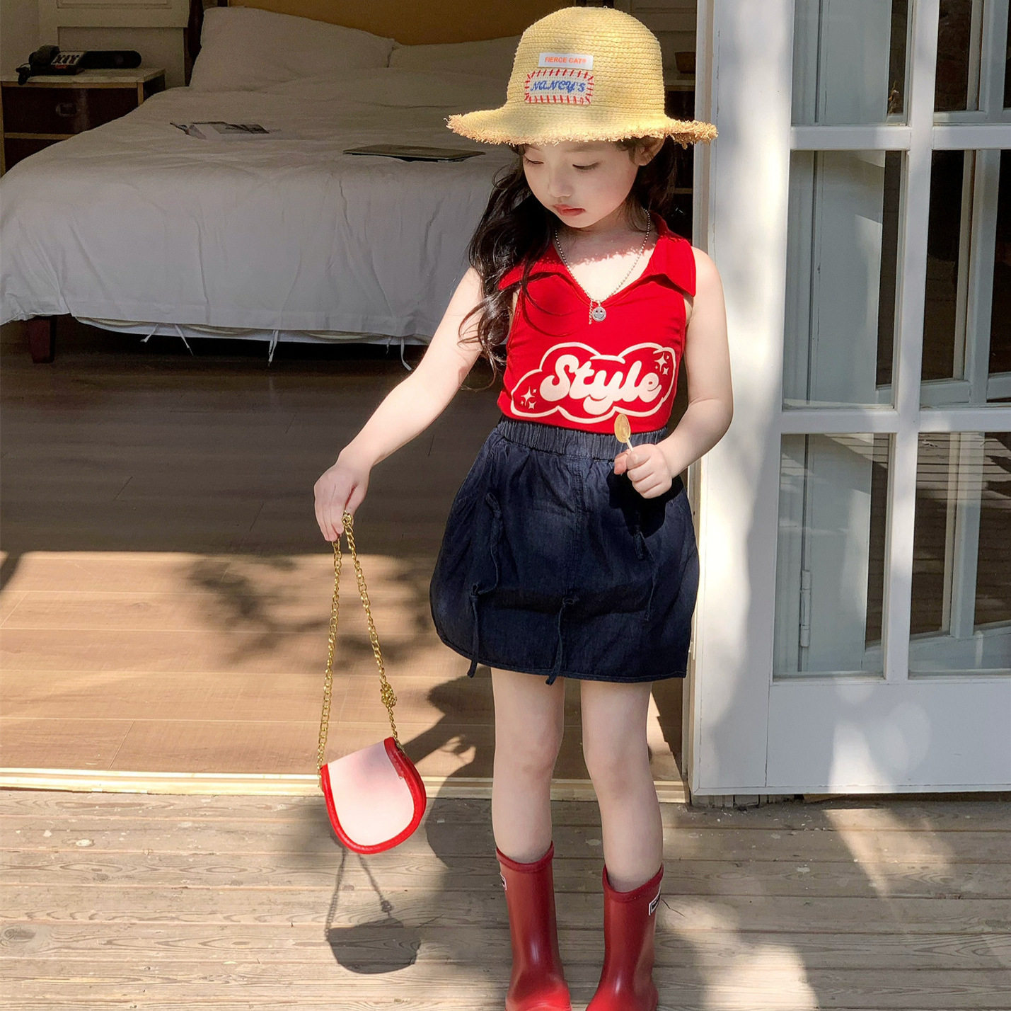 2026夏季新款 女童字母翻领背心+牛仔半身裙两件套女宝宝时髦套装