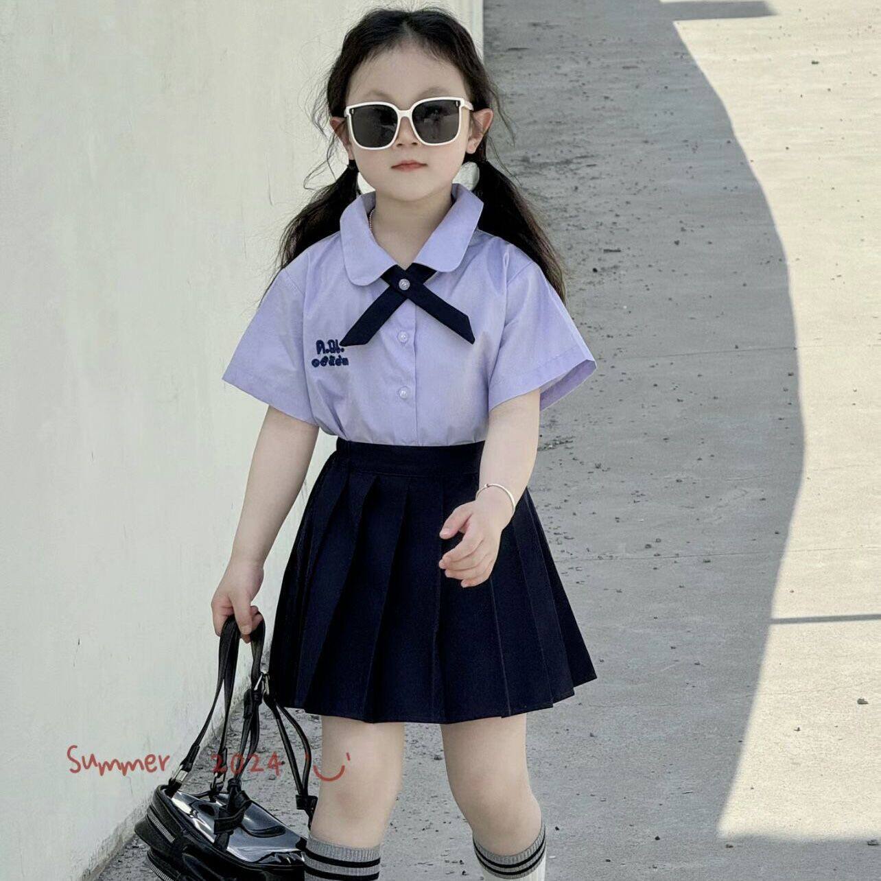 2024夏季韩版 童装新品 女童jk制服学院风领结衬衣半身裙校服园服