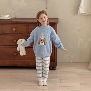 儿童睡衣套装2025秋冬新款女童卡通半边绒上衣裤子宝宝家居服套装