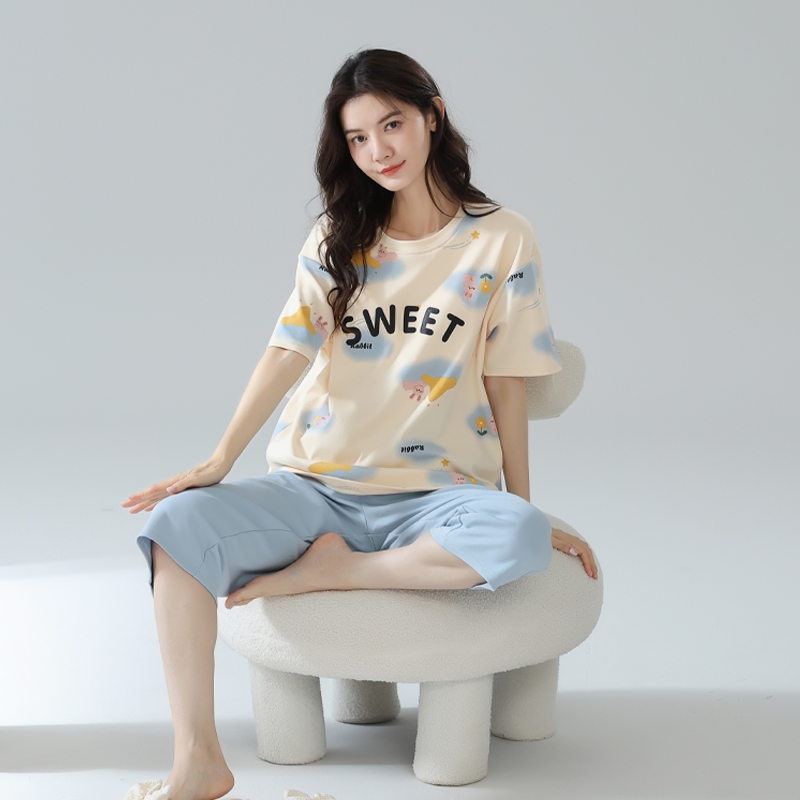 新款睡衣女夏季纯棉短袖两件套装