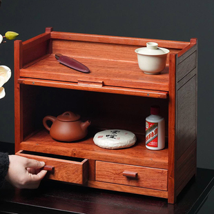 独板缅甸花梨实木桌面茶具收纳柜中式家居红木玻璃门案上柜博古架