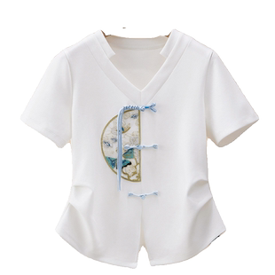 2025夏季新款复古新中式国风白色t恤女v领短袖修身显瘦刺绣上衣