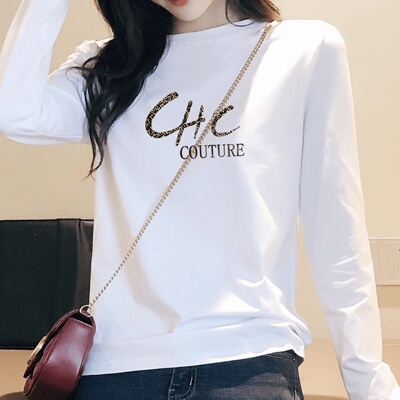 白色t恤女字母百搭圆领纯棉长袖