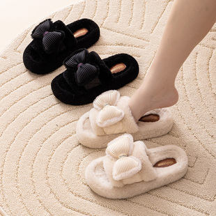棉拖鞋 2025秋冬季 百搭外穿一字拖潮鞋 女时尚 冬 网红蝴蝶结毛毛拖鞋