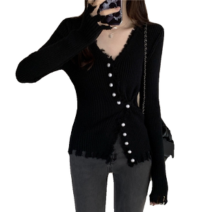 百搭气质v领修身内搭打底毛衣女秋冬流苏钉珠设计感针织开衫上衣