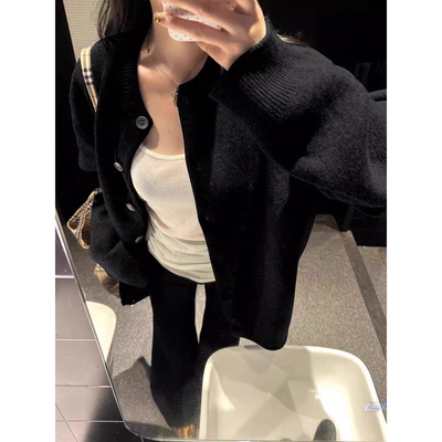 黑色针织开衫女秋冬季宽松慵懒风休闲高级感早秋外搭毛衣外套上衣