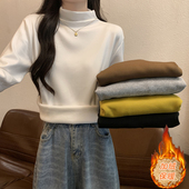 t恤上衣 新款 女秋冬季 半高领内搭保暖加厚加绒长袖 白色德绒打底衫