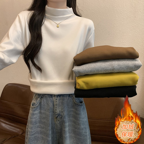 白色打底衫女加厚加绒半高领t恤