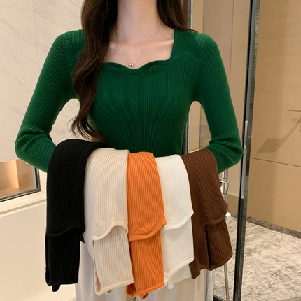 法式复古方领内搭毛衣女秋冬洋气时尚时髦修身长袖打底针织衫上衣