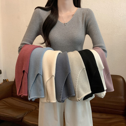 灰色毛衣女春秋冬薄款v领内搭长袖打底针织衫低领小个子短款上衣