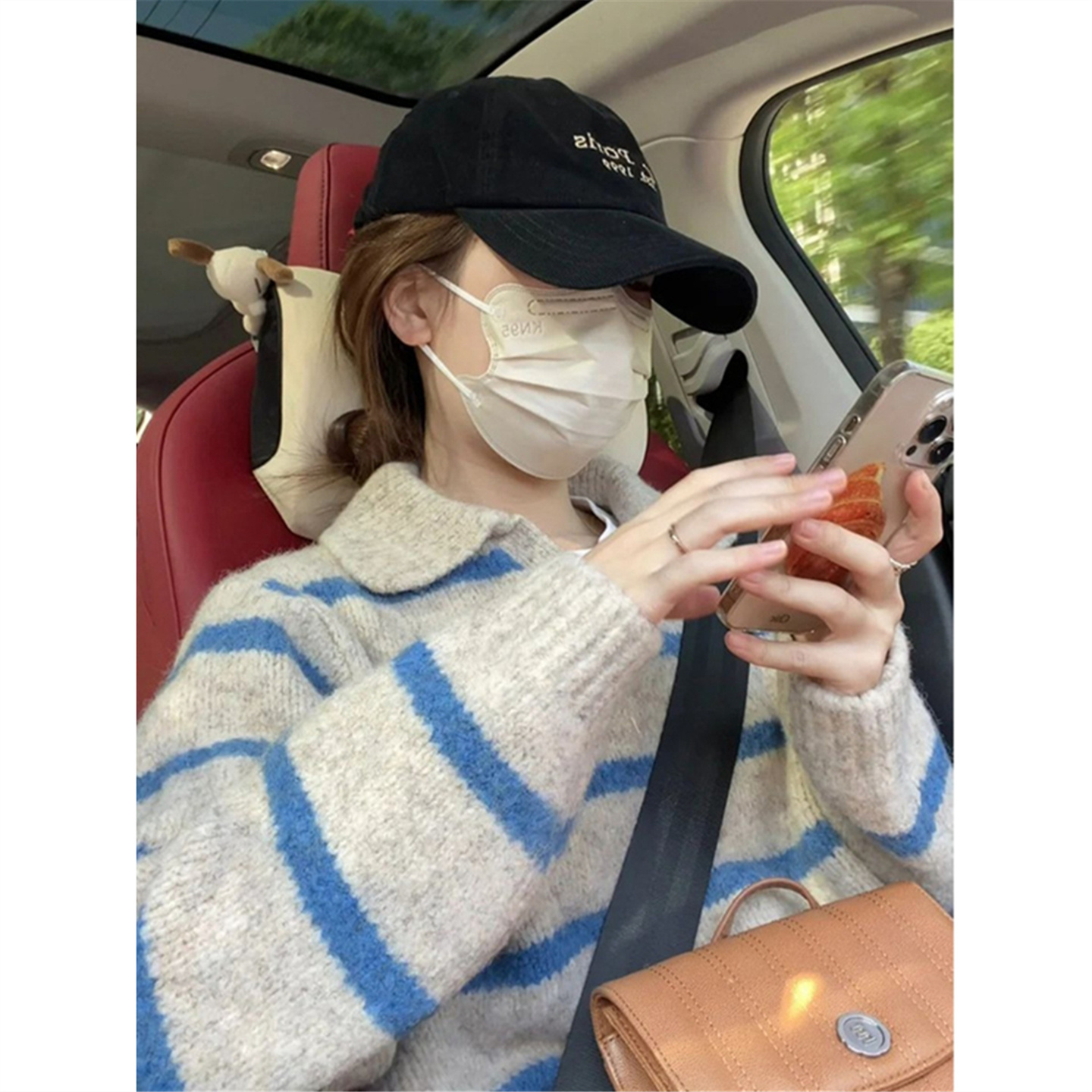 蓝色条纹毛衣女秋冬慵懒宽松外穿高级松弛感Polo领长袖针织衫上衣