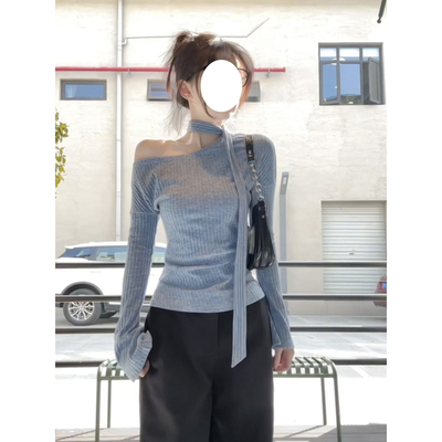 早秋独特超好看单穿chic韩系斜肩修身上衣设计感露肩长袖针织t恤