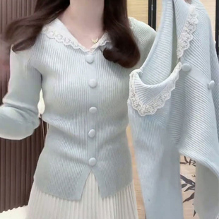 秋冬韩系温柔风蕾丝花边翻领长袖打底针织衫上衣高级感内搭毛衣女