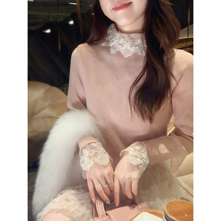 小个子娃娃领修身蕾丝拼接打底衫女春秋内搭毛衣设计感针织衫上衣
