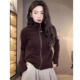 立领拉链开衫外搭卫衣女短款秋冬新款半高领加厚保暖德绒外套上衣