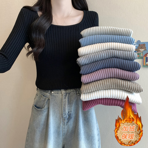 秋冬季方领显瘦黑色毛衣女加厚一体绒保暖内搭长袖打底针织衫上衣