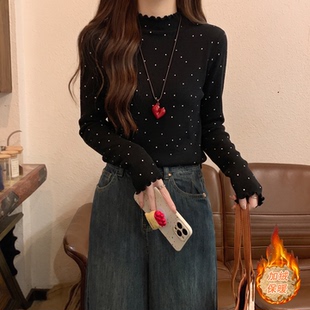 木耳边半高领波点毛衣女秋冬季加厚一体绒黑色长袖打底针织衫上衣