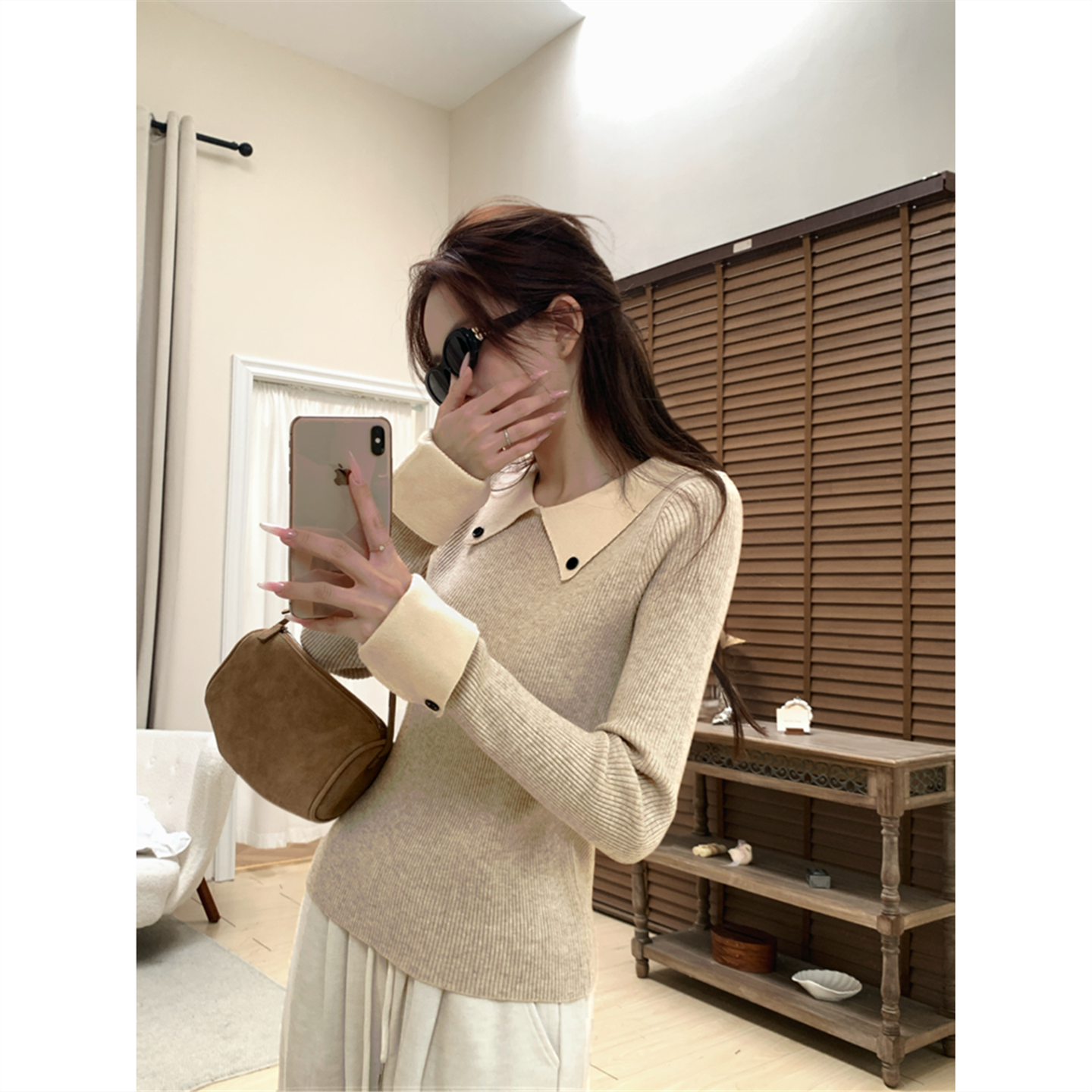 撞色拼接长袖打底针织衫女秋冬高级设计感小众翻领假两件内搭上衣