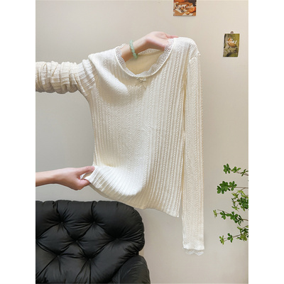 秋冬纯欲气质高级感蕾丝花边长袖打底针织衫上衣巨好看毛衣女内搭