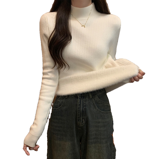 秋冬半高领修身紧身长袖打底针织衫上衣加厚一体绒保暖白色毛衣女