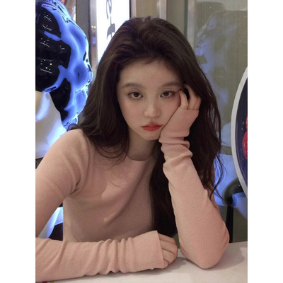 粉色圆领针织打底衫女早秋穿搭修身显瘦薄款毛衣长袖内搭上衣秋冬