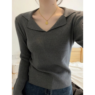 高级感灰色毛衣女内搭打底衫春秋冬polo领修身显瘦长袖针织衫上衣