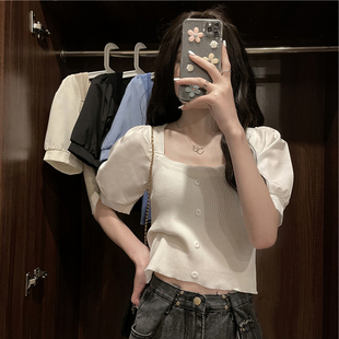 薄款 女短袖 夏季 方领冰丝针织衫 t恤上衣 设计感小众别致短款 泡泡袖