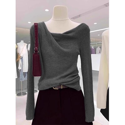 秋冬小个子不规则荡领针织衫上衣修身毛衣打底衫女秋季内搭可外穿