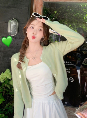 春秋薄款百搭修身长袖针织开衫上衣早秋chic绿色外搭毛衣女短外套