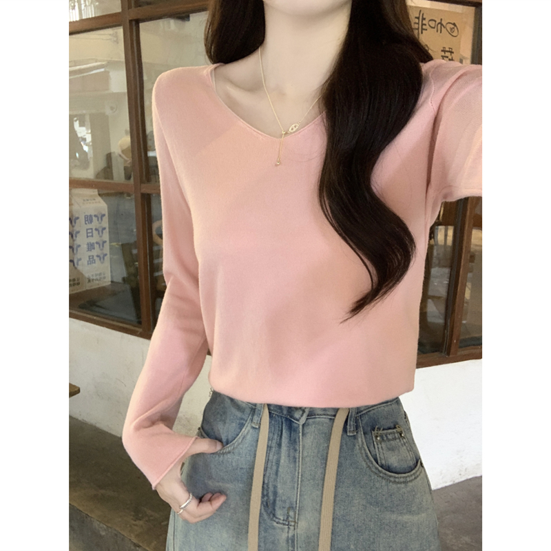 粉色毛衣女春秋冬薄款v领长袖打底针织衫上衣洋气可外穿内搭上衣