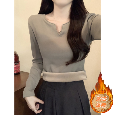 秋冬新款v领修身显瘦短款t恤女长袖加厚加绒保暖内搭打底小衫上衣