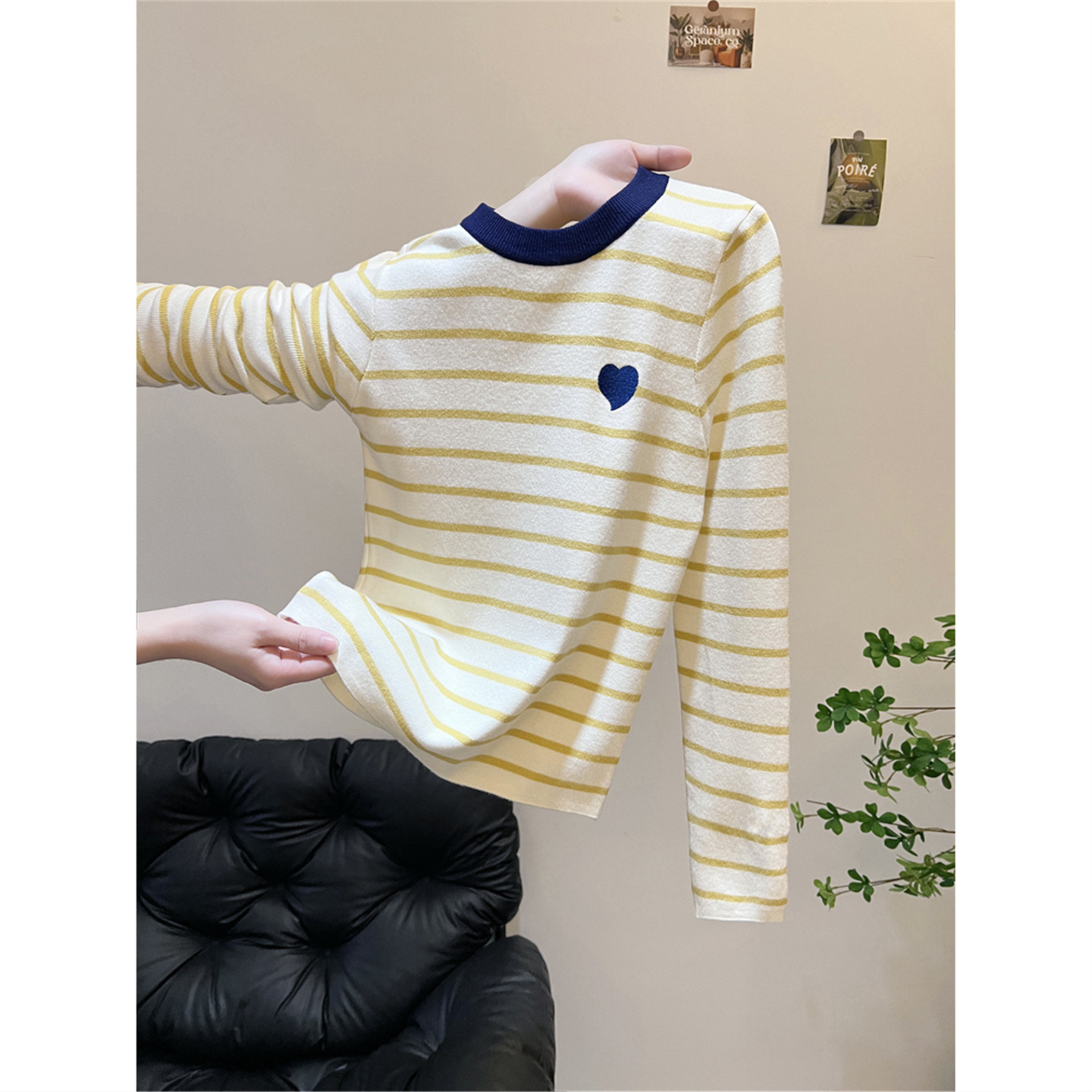 秋冬韩系学院风撞色条纹百搭修身毛衣女打底衫圆领长袖针织衫上衣