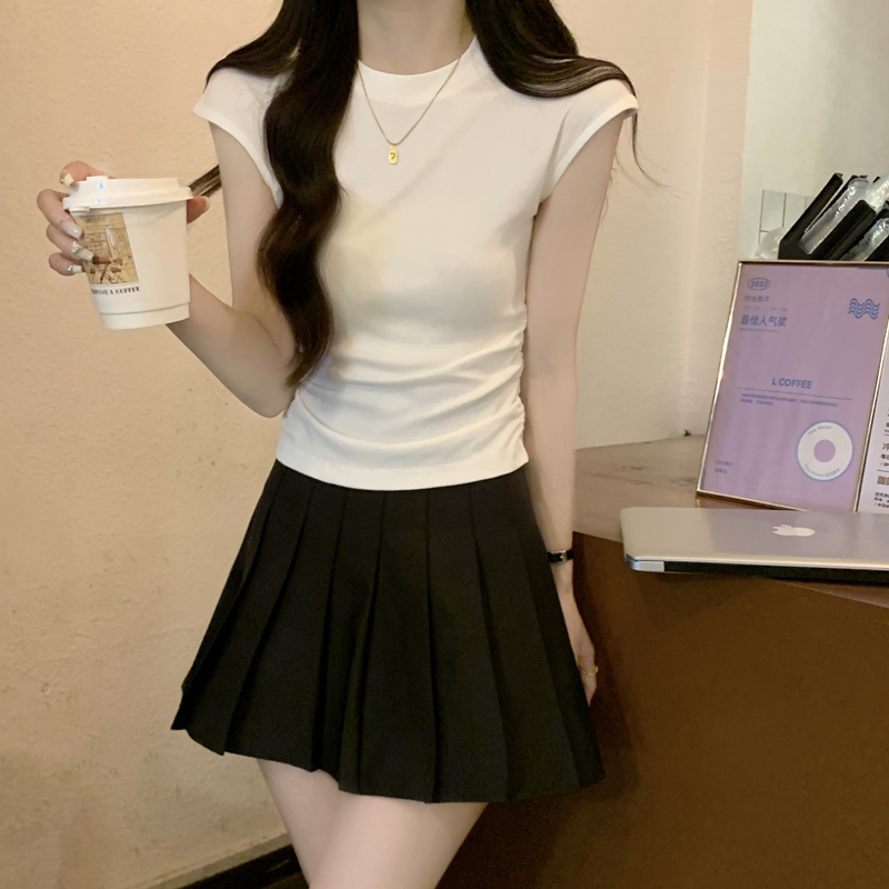 白色正肩t恤女短袖夏季修身短款小个子褶皱收腰设计感飞飞袖上衣