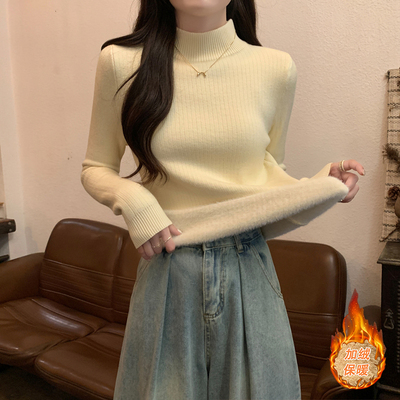 杏色内搭一体绒毛衣女打底衫秋冬季半高领修身加厚长袖针织衫上衣