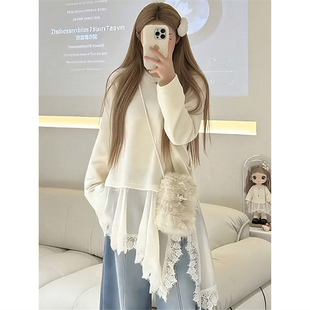 中长款不规则假两件蕾丝拼接长袖t恤女春秋季内搭修身打底衫上衣