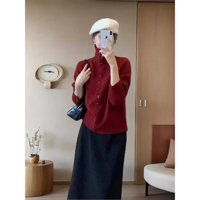 安可拉红毛衣女内搭秋冬洋气高级感设计感纽扣长袖打底针织衫上衣