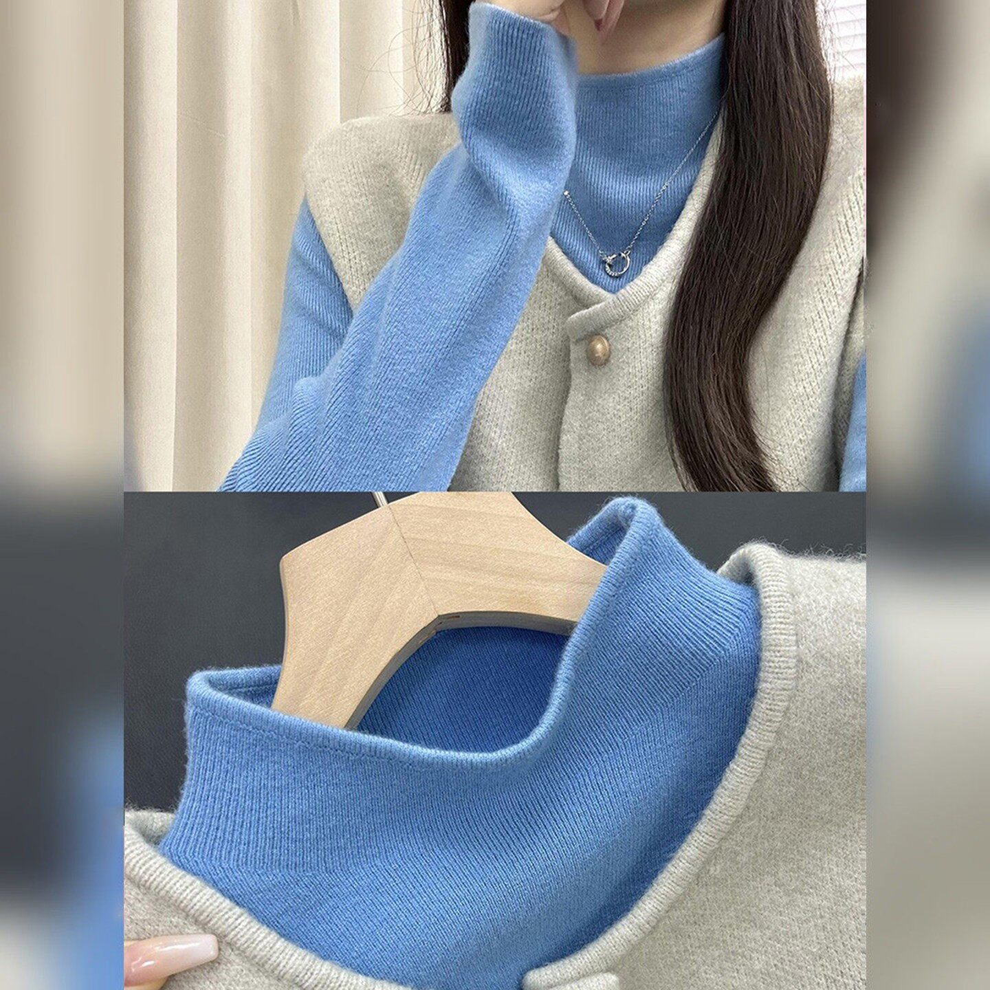 韩式简约小立领打底衫女春装秋冬显白湖蓝色内搭上衣叠穿软糯毛衣图片