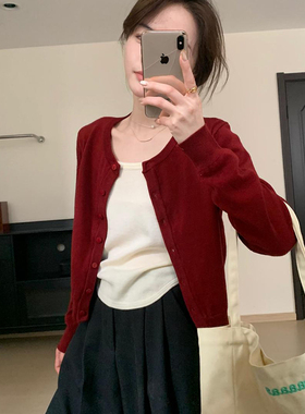 春秋季薄款小个子外搭长袖针织开衫上衣早秋chic红色毛衣短外套女