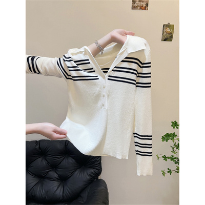 Polo领白色毛衣女打底衫春秋冬新款条纹高级感内搭长袖针织衫上衣