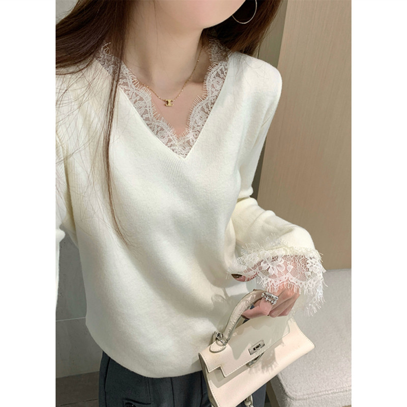 秋冬法式气质蕾丝v领长袖打底针织衫上衣纯欲风高级感毛衣女内搭