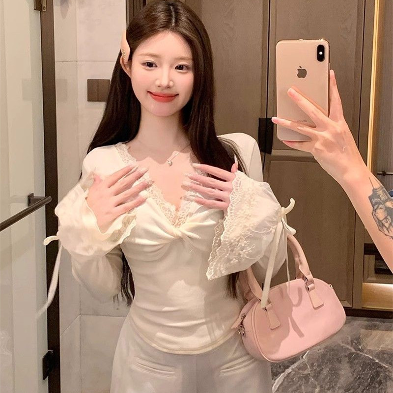 春秋修身短款辣妹t恤女长袖纯欲风蕾丝花边喇叭袖内搭打底衫上衣,女装/女士精品,T恤,淘宝优惠券,粉丝福利购,淘宝优惠卷